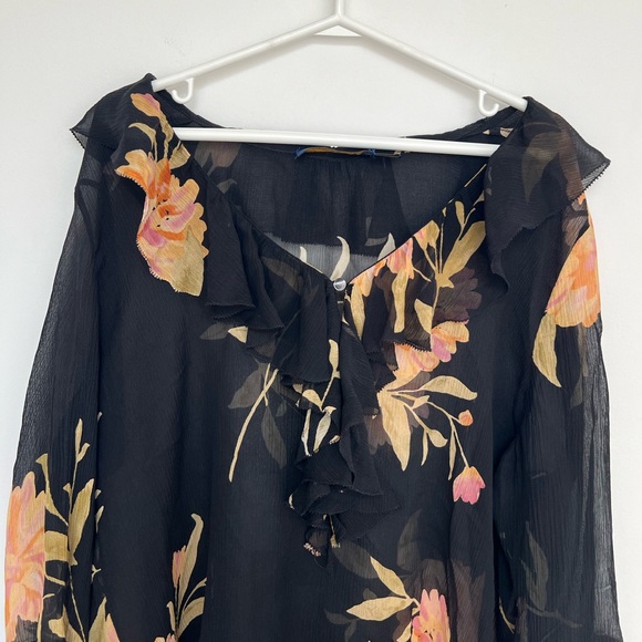 Polo Ralph Lauren (S) 100% Silk Floral Ruffle Sheer Black Work Career Blouse - Picture 8 of 12